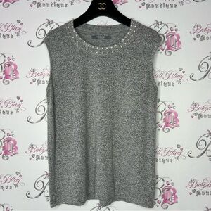 Coin 1804 tank top pearl neckline Heathered grey white mockneck blouse luxe